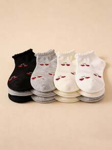 1/5 双装 女士甜心樱桃图案蕾丝边短袜 - 可爱、舒适、柔软、休闲 - 适合日常穿着、运动、旅行、上学等场合 - 彩色 - 查看 4