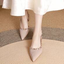 Zapatos de tacón para mujer Zapatos de piel con puntera hueca y remaches Vestidos de verano combinados con sandalias de tacón alto Bailarinas francesas de color nude para mujer - Albaricoque - Ver 9