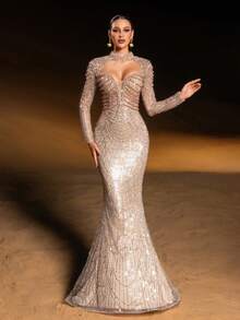 Đầm maxi đuôi cá đính cườm và sequin thanh lịch dành cho nữ, thiết kế tay dài, hoàn hảo cho các buổi tiệc tối và các dịp trang trọng như đám cưới, mùa xuân. - Rượu sâm banh - Xem 3