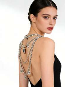Rhinestone Back Chain Necklace, Personalized Exaggerated Suit Back Chain, Multi-Layer Hollow Body Chain Accessory