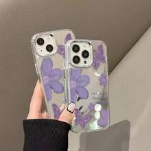 Estuche para teléfono con espejo con patrón de flores y mariposas de color morado oscuro compatible con  17,  16 Pro Max,  15 Pro Max,  13 y  12 hecho de TPU duradero que brinda protección contra golpes y caídas, un regalo perfecto para sus seres queridos adecuado para ocasiones especiales como cumpleaños, Navidad o simplemente porque sí - Plateado - Ver 2