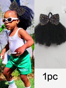 闪亮蝴蝶结发夹，蓬松卷曲的马利辫马尾辫，带松紧带，柔软发丝，适合儿童，1个装 - 黑色 - 查看 16