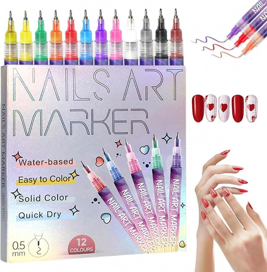 Fine Tips 3D Nail Art Pens, 12 Colors 0.5 MM Nail Marker Pens Nail Point Graffiti Dotting Drawing Painting Liner Pen For Home Salon Quickly Dry Nail Art - 彩色 - 查看 1