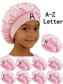 1pc Children's Smooth Satin Letter Print Sleep Cap, Fashionable & Comfortable, Breathable Anti-Slip, Daily Hair Care Cap - Multicolor - View 1