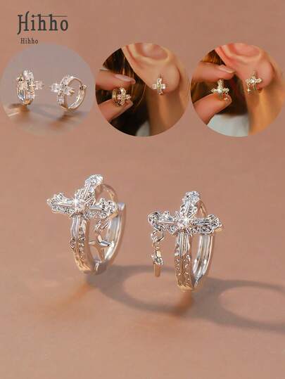 Hihho 一对优雅时尚的星形耳环，复古花卉十字设计耳环，适合任何场合，女士佩戴。