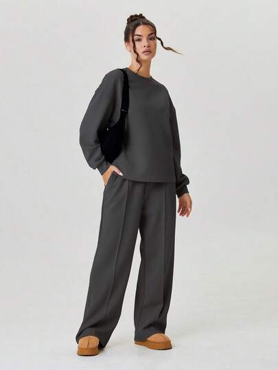 KATCH ME Women's Minimalist Round Neck Loose Long Sleeve Top & Exposed Stitches Trousers Co-Ord, Solid Color Two-Piece Outfit