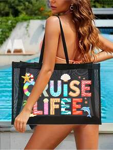 两件套大容量网眼沙滩包 - 可折叠防水防沙网眼手提袋，印有邮轮生活图案 + 配套网眼化妆包，透气可重复使用，适合游泳和泳池，字母装饰，多口袋设计，可装毛巾、防晒霜、泳衣、零食和化妆品，是旅行/度假/海滩的完美之选，夏季必备，也是送给她的绝佳礼物 - 彩色 - 查看 2