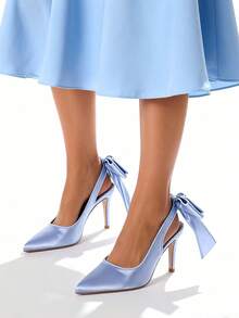 Women's Stiletto High Heels Pumps Fashion Back Big Bowknot Pointed Toe Solid Sexy Party Wedding Dress Pumps Woman - 藍色 - 查看 1