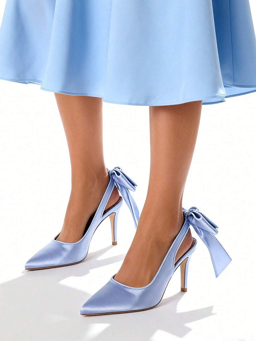 Women's Stiletto High Heels Pumps Fashion Back Big Bowknot Pointed Toe Solid Sexy Party Wedding Dress Pumps Woman - 藍色 - 查看 1