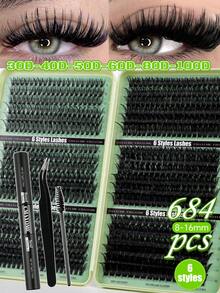720pcs Super Dense DIY False Eyelashes Set, 8-16mm, 10D-150D Curl, Natural Look, Thick & Fluffy, Suitable For Daily Use And Beginners, Mixed Styles, Freely Combinable