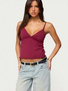 Women's Spring Summer V-Neck Scalloped Camisole Cropped Tank Top Multi-Color Daily Outing Date Inner Top - Burgundy - View 1