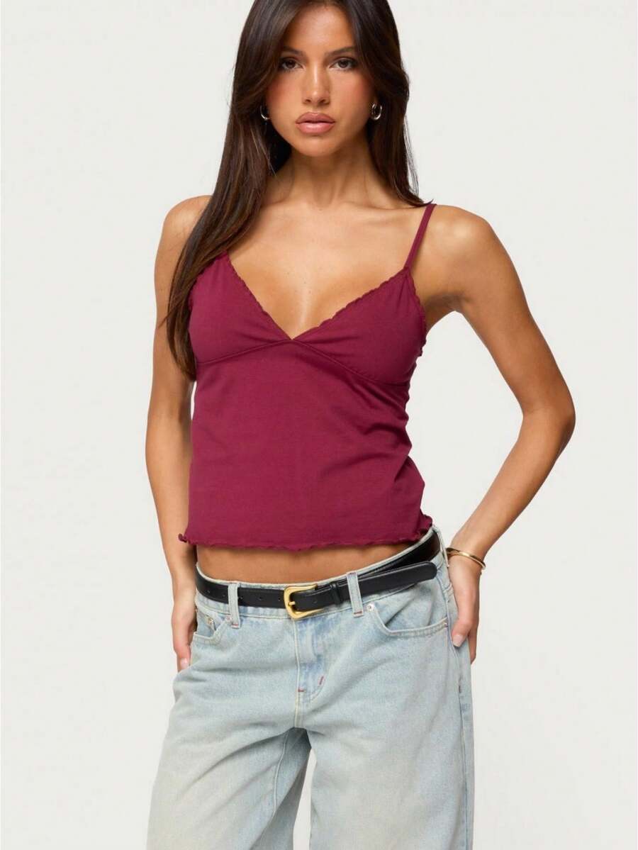 Women's Spring Summer V-Neck Scalloped Camisole Cropped Tank Top Multi-Color Daily Outing Date Inner Top - Burgundy - View 1