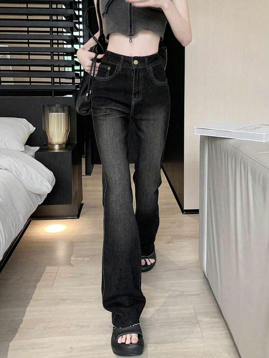 High Waist Frayed Hem Flare Leg Western Cowgirl Style Vacation Pants Casual Black Spring - Black - View 1
