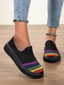 女士平底套脚鞋，时尚休闲舒适运动鞋，方便休闲鞋，白色帆布鞋 - 黑色 - 查看 3