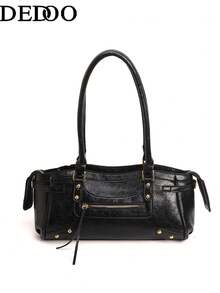 Dedoo Retro-Style Women's Handbag, Underarm Bowling Bag, Large Capacity Commuter Bag, Shoulder Baguette Style, 2025 New Model, Retro-Style Women's Bag With Rivet Design, Zipper And Tassel Charm, Motorcycle Style. - Black - View 1