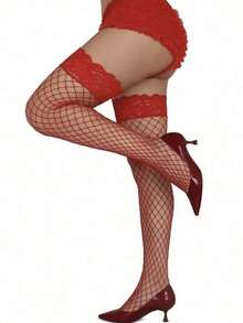 1/3 双装加大码女士性感过膝长筒袜，蕾丝镂空渔网袜 - 女士礼物 - 情人节，时尚及膝袜，适合节日、万圣节、狂欢节、圣诞节、情人节 - 彩色 - 查看 5