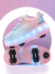 Girls' 4-Wheel Roller Skate Shoes, Children's Breathable Mesh Roller Skating Shoes, Dual Wheels Lightweight Durable Rollerskates With Brake, Fashionable Rotating Button Adjustable LED Light Up Shoes, USB Rechargeable With Light Switch, Detachable Wheels, 2-In-1 Roller Skates & Sneakers