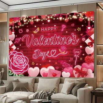 1PC,2d Flat, Valentine's Day Party Background Banner, Made Of Polyester Fabric, Featuring Hearts, Roses, Neon Lights, Suitable For Valentine's Day Parties, Anniversaries, Wedding Decorations