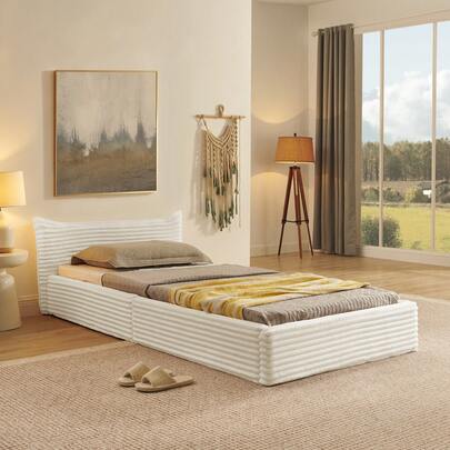 Single Bed 90*200cm, Children's Bed With Corduroy Upholstery, Ec-Friendl Eucalyptus Wood + Sturdy Iron Frame, Easy Assembly, Beige (Mattress Not Included)