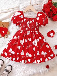 Young Girls' Heart Print Puff Sleeve Dress, Square Neck Waist Ruffle Hem, Sweet Princess Dress For Spring/Summer - Red - View 2
