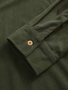 Men's Casual Corduroy Button-Down Shirt, Solid Color, Turn-Down Collar, Slightly Stretchy Fabric, Regular Fit, With Front Pockets, Long-Sleeved Woven Traditional Shirt Suitable For Spring And Autumn. - 軍綠色 - 查看 4