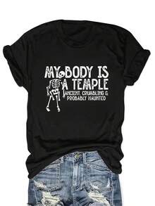 Camiseta de estilo gótico para mujeres Mi cuerpo un templo -% de manga corta casual y top de de Halloween con estampado de momia y esqueleto de faraón, tallas S-XXL, camiseta de cuello redondo no elástica lavable enáquina, adecuada para eventos de disfraces BAGT - Negro - Ver 5