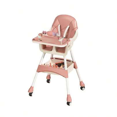 BITORQUATOS 5-In-1 Protable Baby High Chair With Tray, Toy Rack & Storage Basket, Adjustable Feeding Seat With PU Cushion And Wheels (Pink)