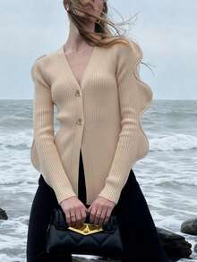 Women's New Black V-Neck Asymmetrical Metal Button Wavy Long Sleeve Asymmetric Hem Striped Textured Sexy Casual Office Knit Sweater, Autumn/Winter - Apricot - View 7