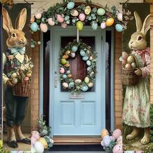 Ensemble de bannière de porche vintage de Pâques avec lapin et œuf - Décoration de porte en polyester thème printemps pour une utilisation intérieure/extérieure, parfait pour le porche avant, le patio, le garage, les accessoires de lapin - Multicolore - Voir 3
