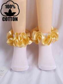 1 Pair Cotton Children's Socks With Large Lace Ruffle 3D Lace Princess Dance Socks For Girls - Gold - View 8