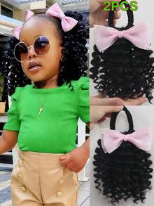 2pcs Ponytail With Yarn Bow Clip Hair 8inch Kids Deep Wave Hair Go Afro Kinky Marley With Elastic For Girls - Natural Black - View 13
