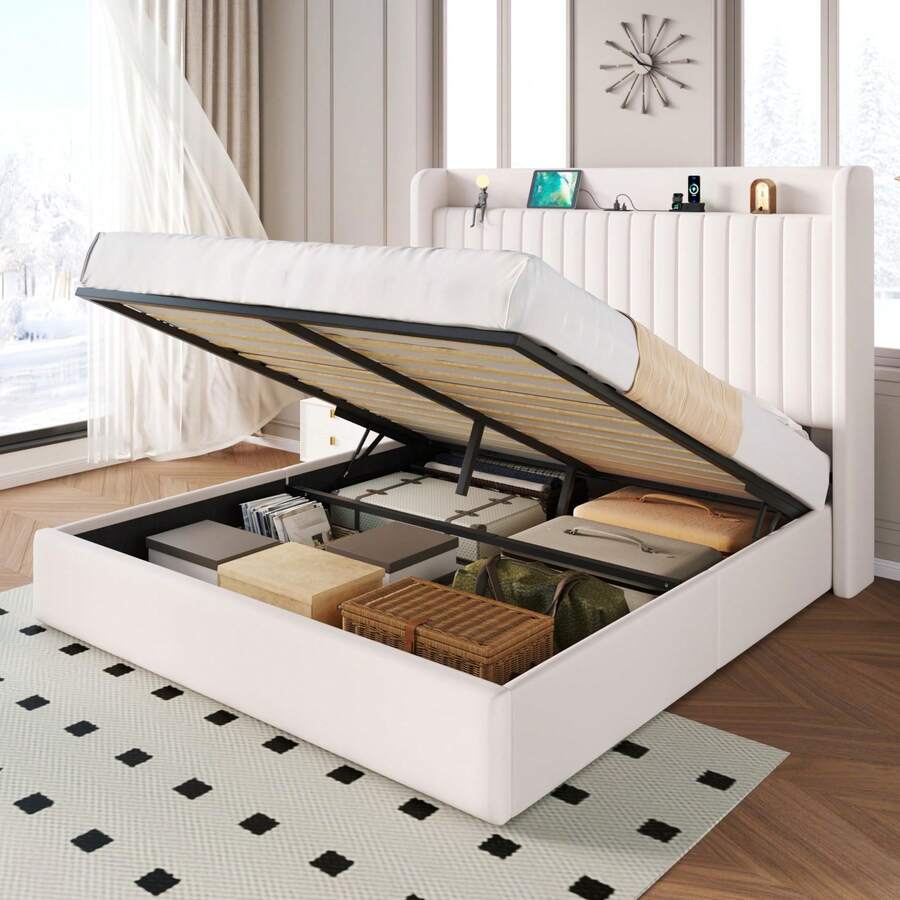 SHA CERLIN Full/Queen/King Size Lift Up Storage Bed Frame/Charging Station/USB,Type-C Port/Storage Headboard/Velvet Upholstered/Hydraulic Support/No Box Spring Needed/Noise Free/White - Xem 1