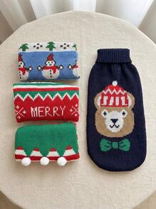 PETSIN 1件可愛的聖誕節3d領紅白條紋圖案柔軟又保暖的寵物休閒衫,適用於貓狗室內/室外 - 紅色 - 查看 6