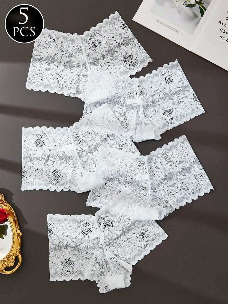 5pcs/Pack Women's Multicolor Lace Tummy Control Low Waist Sexy Lace Panties - White - View 1