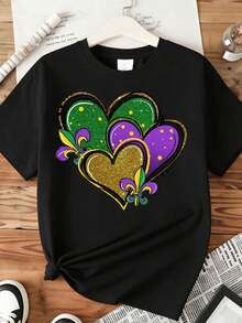Mardi Gras Heart Fleur De Lis Design T Shirt Women Casual Top Festival Wear ,220g - 黑色 - 查看 3