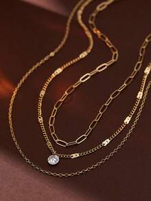 3pcs Layered Necklace Set, Minimalist Style Classic Geometric Paperclip & Flattened Cubic Zirconia Pendant, Suitable For Women Vacation Wear - Yellow Gold - View 6