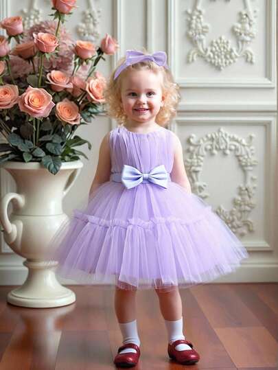 Baby Girls Sleeveless Solid Color Tulle Waist Bow Fluffy Skirt, Elegant Dress Suitable For Birthday Party, Hair Band Included