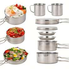 8-Piece Stainless Steel Camping Cookware Set With Pots, Plates, Cups & Handles – The Essential, Practical And Durable Field Kitchen Gear For Camping And Hiking. - Silver - View 1