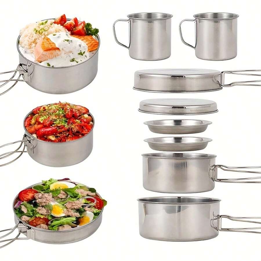 8-Piece Stainless Steel Camping Cookware Set With Pots, Plates, Cups & Handles – The Essential, Practical And Durable Field Kitchen Gear For Camping And Hiking. - Silver - View 1