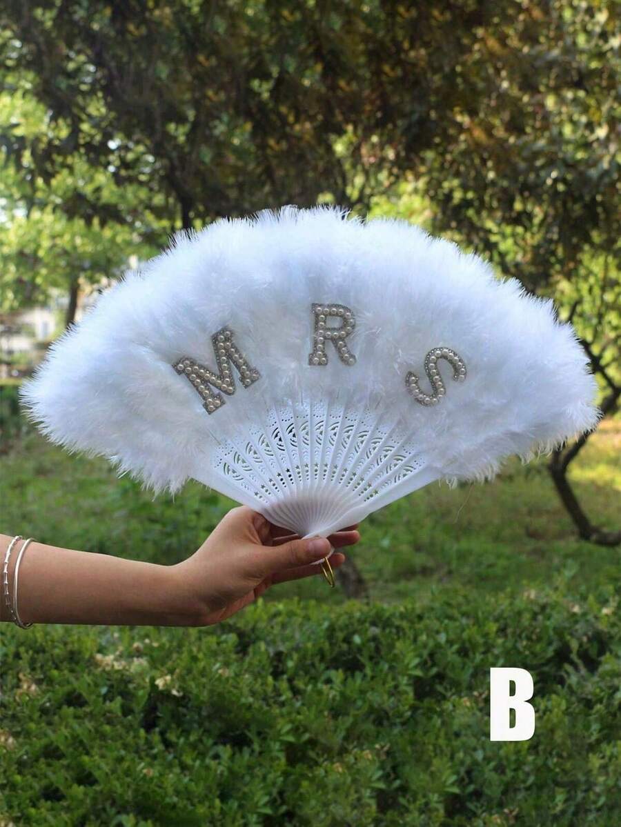 1pc Furry Artificial Feather Fan, Pearl Bride Feather Fan Single Women's Party Bride Wedding Decoration, Hand-Held Fan Suitable For Clothing Accessories, And Party Decoration For Wedding Summer Birthday Gifts Beach Back To School School Supplies Room Decor - Multicolor - View 1