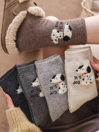 5 pares de calcetines de lana con estampado de lunares de perrito y conejo de dibujos animados, calcetines de media caña para mujer, calcetines de tripulación cálidos y originales, calcetines de lana, surtido aleatorio