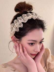 1pc Teenage Girl's New French Style Pearl Detail Simple Mesh Headband - Be - Xem 3