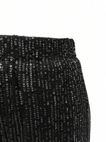 Women's Casual Solid Color Slim Fit Sequin Embellished Pants, Suitable For Daily Commute And Office Wear, Autumn/Winter Black Spring - Black - View 5
