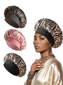 3件装女士缎面豹纹时尚高弹宽檐圆帽，别致睡帽，护发头巾，日常居家睡眠帽 - 水母型 - 查看 1