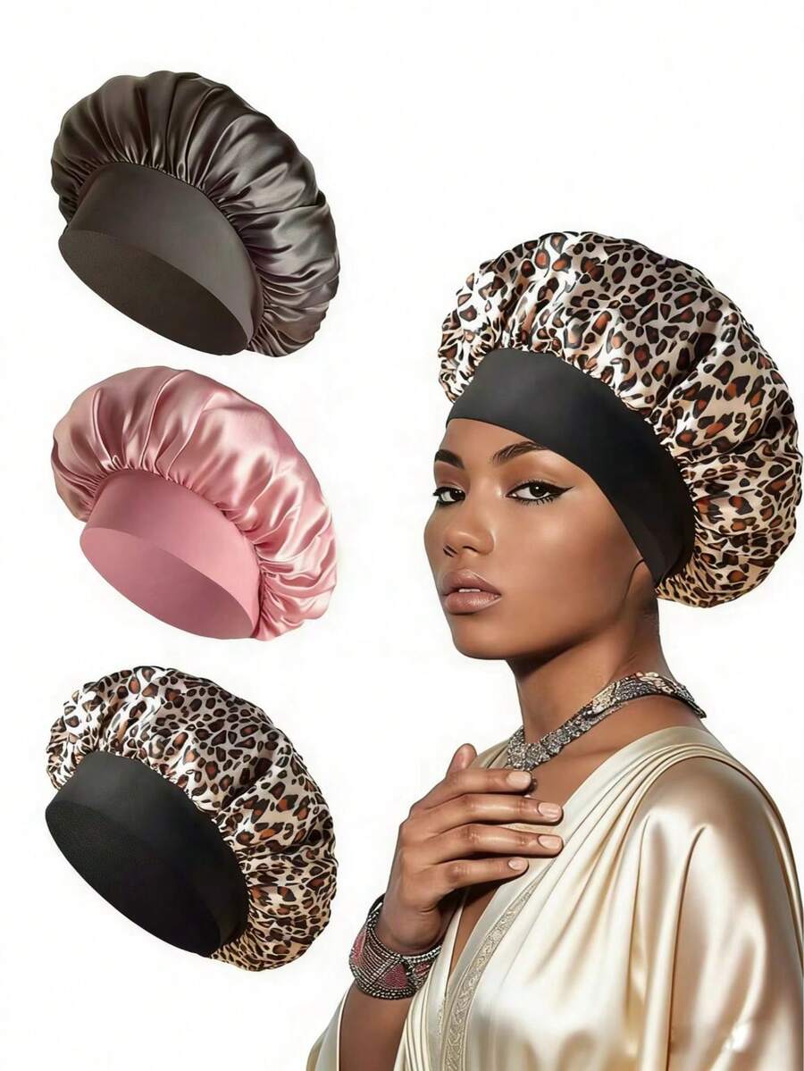 3件装女士缎面豹纹时尚高弹宽檐圆帽，别致睡帽，护发头巾，日常居家睡眠帽 - 水母型 - 查看 1