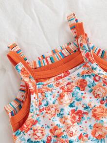 6pcs/Set Infant/Toddler Girls' Summer Casual Striped, Polka Dot, Floral Print Camisole Tops + Solid Color Camisole Tops Paired With Matching Shorts, Suitable For Daily, Outdoor, School, Commute, Beach, Photography - Multicolor - View 3