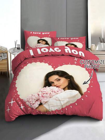 Valentine's Day Decorations2/3pcs Personalized Image Customization Bedding Set, Pink Bed Sheets Set, With 1 Duvet Cover And 1-2 Pillowcases, King-Size Bedspread, Bed Sheet, Soft Skin-Friendly Polyester, Machine Washable, Dry Clean. It Is Suitable For Home And Bedroom Decoration,Personalized Gifts,Room Decor, Bedding Double