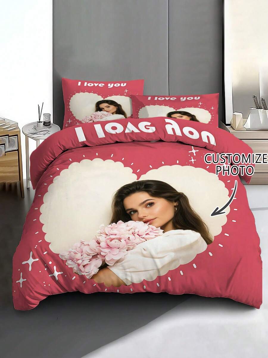 Dekoracje walentynkowe. 2/3-częściowy zestaw pościeli z personalizowanym obrazkiem, różowy komplet pościeli, 1 poszwa na kołdrę i 1-2 poszewki na poduszki, narzuta w rozmiarze king-size, prześcieradło, miękki, przyjazny dla skóry poliester, nadaje się do prania w pralce, czyszczenia chemicznego. Nadaje się do dekoracji domu i sypialni, personalizowanych prezentów, wystroju pokoju, pościeli podwójnej.