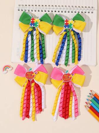 4 st hårrosetter för flickor med lockiga grosgrain-band, krokodilklämmor med tofs, söta tecknade flickor, hårspännen med päls, hårnålar för första skoldagen, presenter till flickor, håraccessoarer för tonåringar