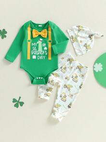 Conjuntos de ropa irlandesa para bebé niño, mono de manga larga con estampado de trébol, pantalones y gorro, 3 piezas - Verde - Ver 1